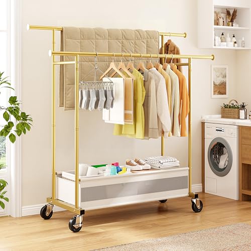 Clothes Rack, Double Rods Clothing Rack, Clothing Racks for Hanging Clothes, Rolling Clothes Rack with Storage Basket & Heavy Duty Wheels, Garment Rack for Bedroom, Laundry Room, Gold - color: Gold