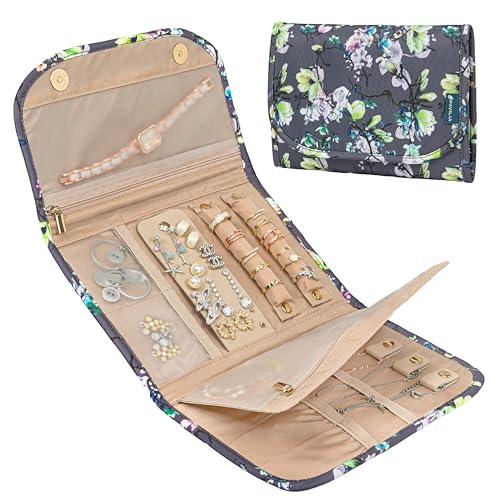 PAVILIA Travel Jewelry Case Organizer, Foldable Jewelry Travel Roll Bag, Small Jewelry Travel Pouch Wallet for Earrings, Rings, Necklaces, Bracelets, Travel Packing Accessories (Floral Gray) - color: Floral Gray