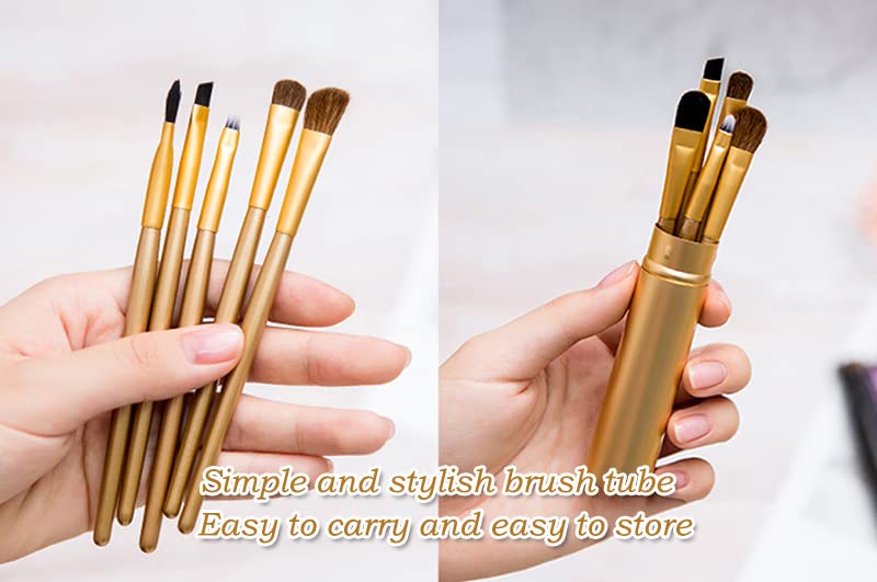 AKOAK 5 Pcs/set Travel Portable Mini Eye Makeup Brush Set Apply Eyeshadow Eyeliner Eyebrow Brush Lip Makeup Brush Set Makeup Tools (Gold) - color: Gold