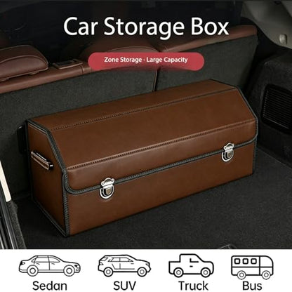 Leather Storage Box Car Trunk Organizer for Trunk SUV Sedan, Leather Foldable Storage Box with Lid (Brown 14.9" L*12.2" W*11.8" H) - size: Brown 14.9"L*12.2"W*11.8" H