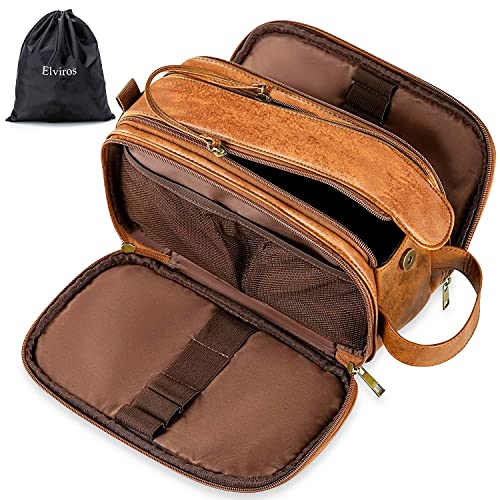 Elviros Travel Toiletry Bag for Men, Shaving Dopp Kit Water-resistant Bathroom Small Toiletries Organizer PU Leather Cosmetic Bags - color: Brown, size: Small (Pack of 1)