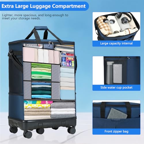 Large Capacity Rolling Duffle Bag with Detachable Wheels,Expandable Foldable Suitcase for Travel,Collapsible Luggage Duffel Overnight Weekend Bags without Telescoping Handle - color: Blue