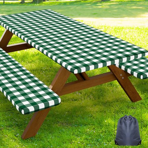 Smiry Picnic Table Cover with Bench Covers, Waterproof Elastic Fitted Tablecloths for 5 Foot Rectangle Tables, Washable Buffalo Plaid Tablecloth for Camping, Outdoor (Hunter Green & White, 30"x60") - color: Hunter Green and White, size: 30" x 60"