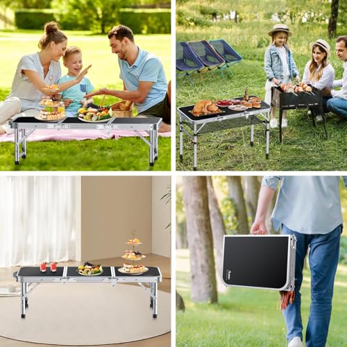 Anbte Folding Camping Table with Storage Net, 3ft Camping Table Aluminum Folding Table with 3 Adjustable Height Max 27.1 Inch Picnic Table Portable Table for Outdoor Backyard BBQ, Black - color: Black