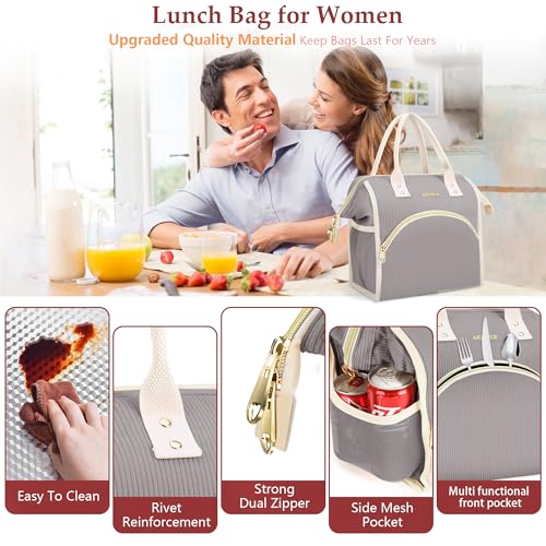 LOKASS Lunch Bag Women Insulated Lunch Box Wide-Open Lunch Tote Bag Large Cooler Bag for Work Picnic Hiking Beach（Dark Gray） - color: Charcoal Gray
