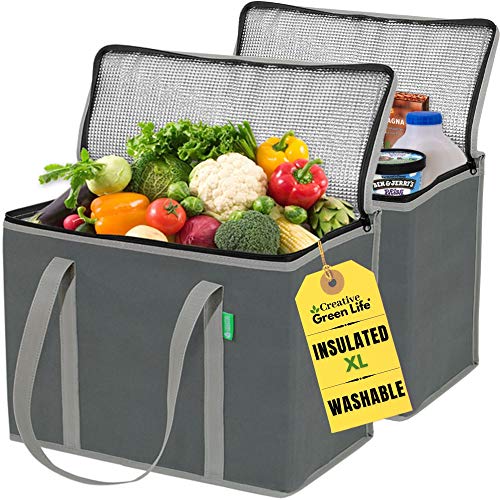 Creative Green Life XL Insulated Reusable Grocery Bags (2-Pack) - Premium Quality Cooler Bags with Hard Bottom Insert, Stands Upright, Washable - color: Grey