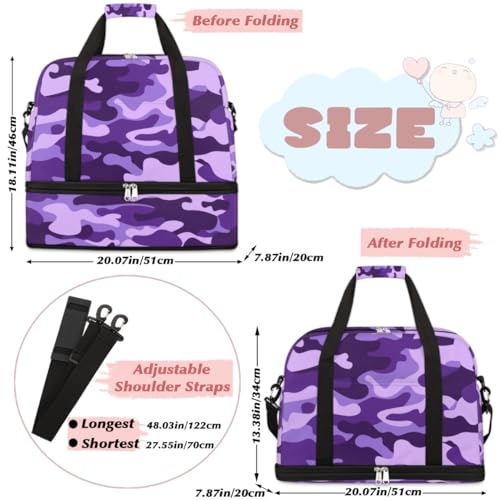 Travel Duffle Bags With Shoes Compartment for Women Men Purple Camouflage Camo Lightweigh Sports Tote Gym Bag Foldable Canvas Weekender Overnight Carry On Luggage Handle Bag - color: A05: Purple Camouflage Camo