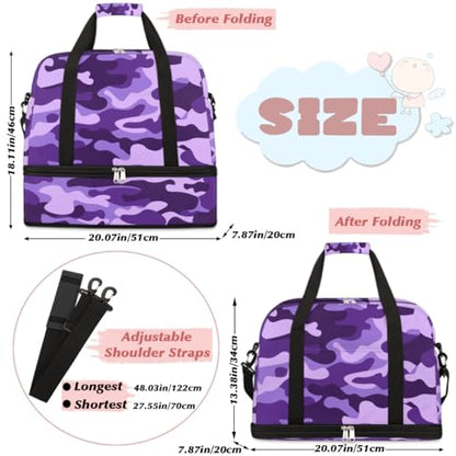 Travel Duffle Bags With Shoes Compartment for Women Men Purple Camouflage Camo Lightweigh Sports Tote Gym Bag Foldable Canvas Weekender Overnight Carry On Luggage Handle Bag - color: A05: Purple Camouflage Camo