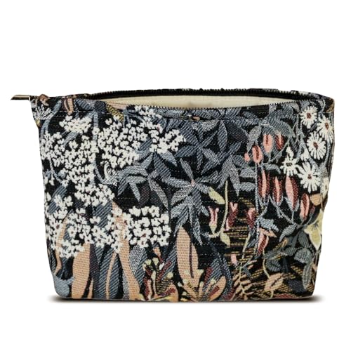 HAPPYHEIDI Cute Floral Makeup Bag Cosmetic Travel Pouch with Bottom and Zipper, Purse Make Up Organizer, Aesthetic Textured Fabric, Large - color: Classic Black Floral Large