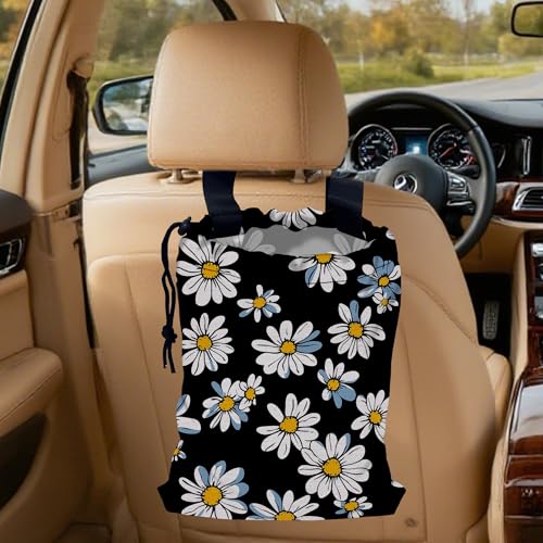 White Daisy Flowers Car Trash Bag, Strap Drawstring Car Garbage Bags,Car Back Seat Organizer with Adjustable Buckle for Car Accessories - color: White Daisy Flowers