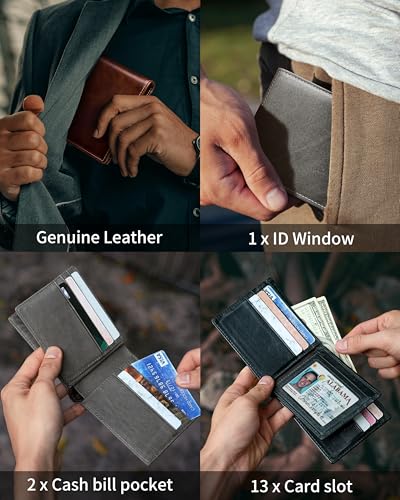 Artpaxy Mens Wallet Bifold Genuine Leather RFID Blocking Wallet for Men with 1 ID Windows 13 Card Holders 2 cash pockets 1 Gift Box - color: Navy Blue