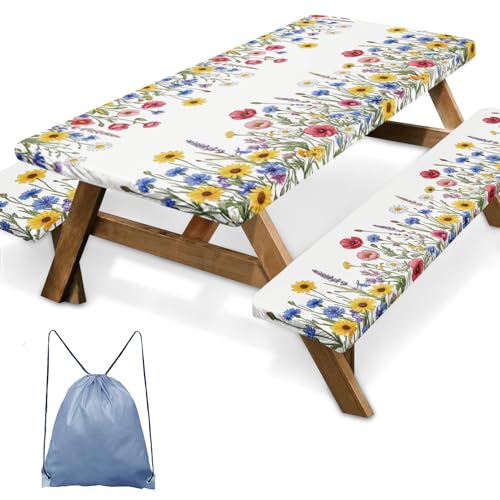 Picnic Table Cover with Bench Covers Elastic Edges, Wildflower Floral Camper Fitted Table Cover, Outdoor Camping Essentials 72 Inch 3PCS, Waterproof Camping Fitted Tablecloth with Drawstring Bag - color: Wildflower Floral, size: 72in