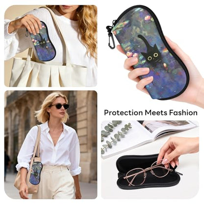 Sunglasses Case with Belt Clip, Ultra Light Neoprene Zipper Soft Padded Glasses Case for Women Men - color: Cute Cat