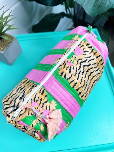 YILLE Set of 3 Pieces Block Printed Travel Organizer Kit Storage Bag for Women Makeup Bag Travel Cosmetic Bag (Pink Green Fat Tiger) - color: Pink Green Fat Tiger