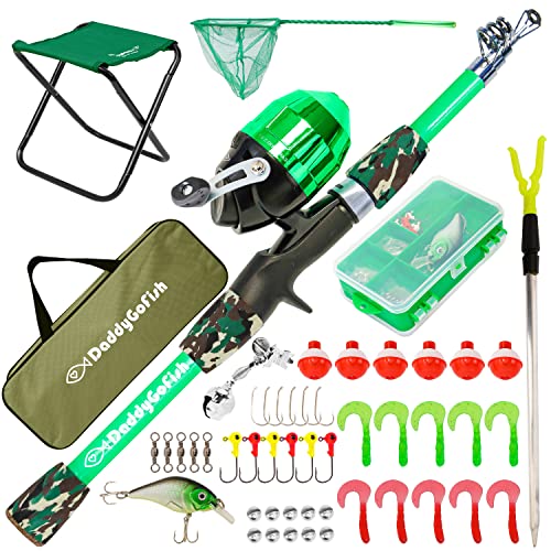 DaddyGoFish Kids Fishing Pole - Rod Reel Combo Tackle Box Starter Set - First Year Small Dock Gear Kit for Boys Girls Toddler Youth Age Beginner Little Children Junior Anglers - color: Green (Complete Set), size: 4ft