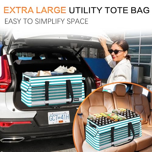 Extra Large Utility Tote Bag with Reflective Strip, Standing Reusable Grocery Bags with Hard Bottom, Collapsible Utility Tote with Handles for Shopping, Beach, Picnics, Car, Striped Green - color: Striped Green