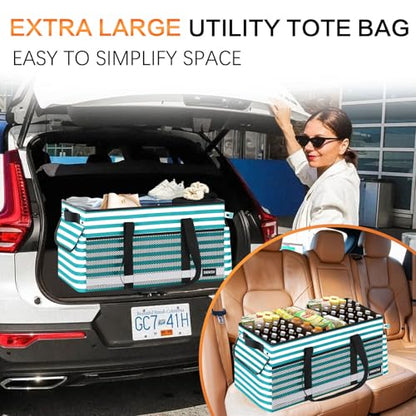 Extra Large Utility Tote Bag with Reflective Strip, Standing Reusable Grocery Bags with Hard Bottom, Collapsible Utility Tote with Handles for Shopping, Beach, Picnics, Car, Striped Green - color: Striped Green