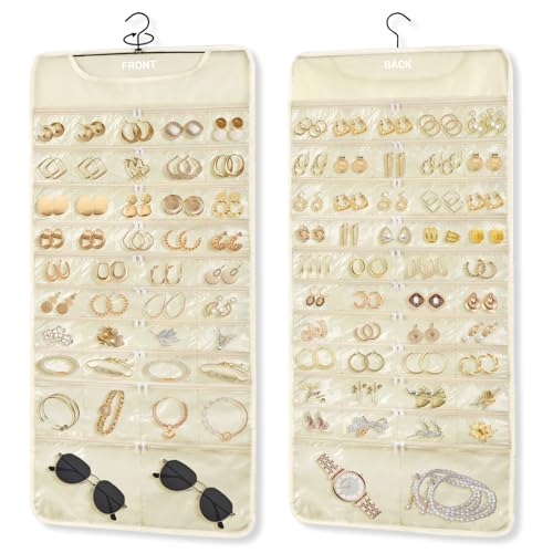 FOREGOER Hanging Jewelry Organizer with 88 Zippered Pockets, Dustproof Foldable for Travel, Accessories Organizer for Holding Jewelries Earring Organizers and Storage (Beige) - color: 88 pocket beige