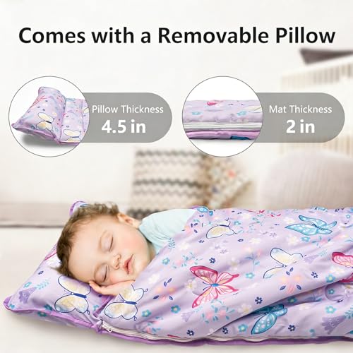 Primlect Toddler Nap Mat Extra Large Thickened 55''x35'', Soft Sleeping Bag with Detachable Minky Blanket and Pillow, Portable for Daycare, Preschool, Kindergarten, Travel, Boys and Girls - color: Purple Butterfly