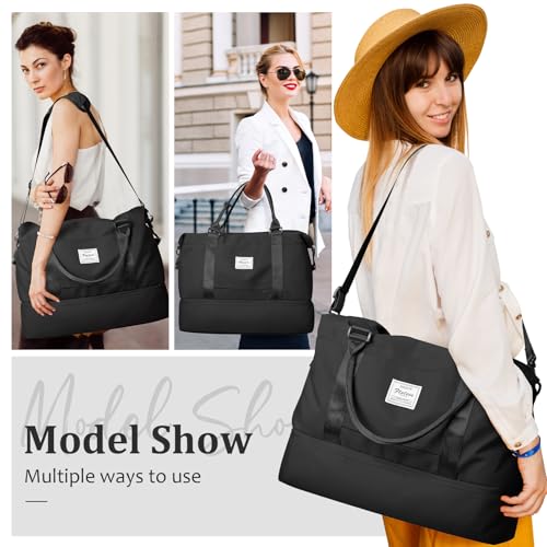 Weekender Bags for Women,Personal Item Travel Bag with Shoes Compartment,Overnight Travel Duffel Bag with Toiletry Bag - color: Black, size: Large