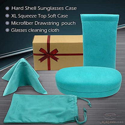 MyEyeglassCase Hard Sunglasses case - Women Glasses Case Holder - Large Durable Eyeglass Case Hard Shell with Pouch & Cloth - color: Z-combo As113 Turquoise