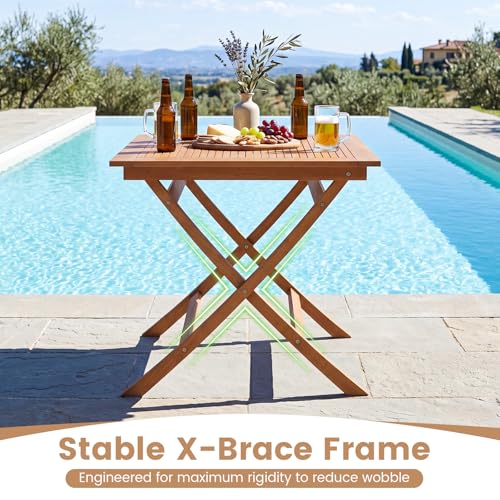 Tangkula Teak Wood Folding Outdoor Table, 32-Inch Square Patio Dining Table for 4, Collapsible Outside Bistro Table with Sturdy X-Frame for Deck, Balcony, Yard, Poolside & Porch - size: 32"