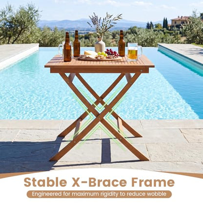 Tangkula Teak Wood Folding Outdoor Table, 32-Inch Square Patio Dining Table for 4, Collapsible Outside Bistro Table with Sturdy X-Frame for Deck, Balcony, Yard, Poolside & Porch - size: 32"