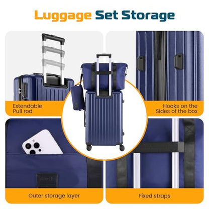 Hoteel Luggage Sets 5 Piece (4-YEARS WARRANTY), ABS+PC Suitcases with Wheels and Side Hook, Hardshell 20/24/28 inch Luggage with Duffel Bag Travel Bag, Dark Blue - color: Dark Blue, size: 5 Piece Set (20/24/28/DB/TB)