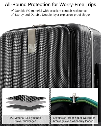 Hanke 24 Inch Checked Luggage PC Hard Shell Suitcases for Travel Front Opening Aluminum Frame Travel Luggage Rolling Suitcase with Wheels.(Jet Black) - color: Black, size: 24 Inch