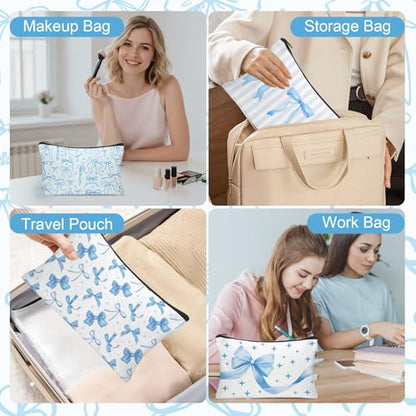 30pcs Blue Bow Makeup Bag Coquette Bow Cosmetic Bags for Women Preppy Pouch Travel Toiletry Bag Coquette Party Favors for Mother Bridesmaids Wedding Supplies - style: Blue Bow