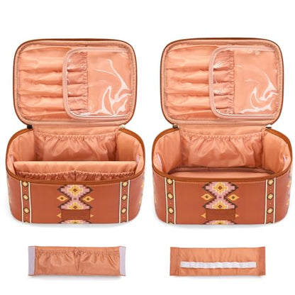 Montana West X Wrangler Travel Makeup Bag 2pcs Set Large Cosmetic Bag with Makeup Brush Holder Portable Make Up Organizer Cute Toiletry Bag with Divider and Handle for Women Aztec - color: Aztec-Brown