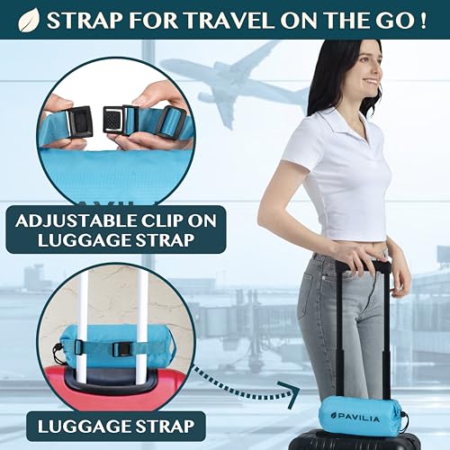 PAVILIA Travel Blanket Airplane Compact with Bag, Lightweight Soft Fleece Plane Blanket Long Flights, Camping Road Trips, Packable Travel Gift Essentials with Luggage Backpack Strap, 65x40, Teal Blue - color: Teal Blue
