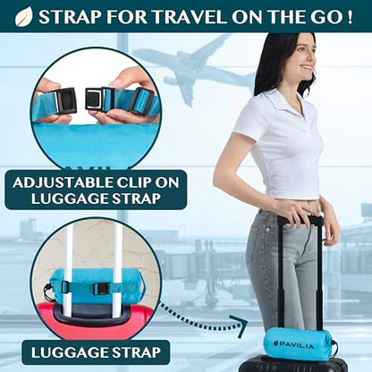 PAVILIA Travel Blanket Airplane Compact with Bag, Lightweight Soft Fleece Plane Blanket Long Flights, Camping Road Trips, Packable Travel Gift Essentials with Luggage Backpack Strap, 65x40, Teal Blue - color: Teal Blue