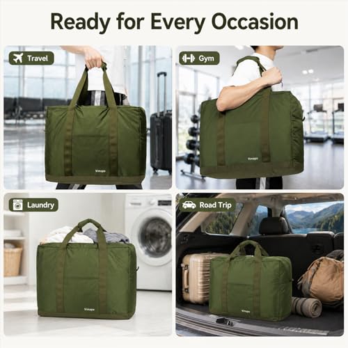 Foldable Travel Duffle Bag with Trolley Sleeve 40L Capacity, Lightweight Packable Travel Duffel Bags with the Keyhole Zipper, Weekender Overnight Nylon Carry on Bag for Men & Women, Army Green - color: Green