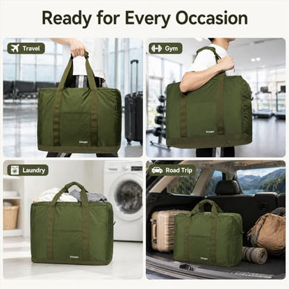 Foldable Travel Duffle Bag with Trolley Sleeve 40L Capacity, Lightweight Packable Travel Duffel Bags with the Keyhole Zipper, Weekender Overnight Nylon Carry on Bag for Men & Women, Army Green - color: Green