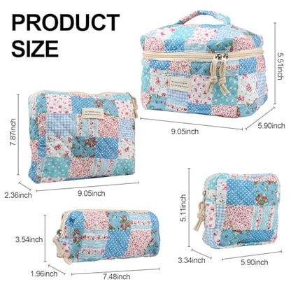 NATINSA Cute Makeup Bag for Women(2 Pcs), Travel Cosmetic Bags, Quilted Coquette Aesthetic Floral Toiletry Organizer Bag (43 - Grid Rose/4PCS) - color: 43 - Grid Rose/4PCS