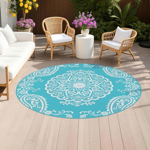 Pauwer Waterproof Outdoor Rug 6ft, Reversible Plastic Straw Patio Camping Rug, Indoor Outdoor RV Mat Carpet for Deck, Camper, Porch, Balcony, Backyard, Picnic, Boho Teal - color: Boho Teal, size: 6' (Round)