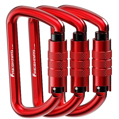 FresKaro 3inch 12kN-2698lbs Auto Locking Carabiner Clips, Solid D Shape, Heavy Duty 7075 Aluminum, Lightweight 1.09oz, Rust Proof, for Hammock, Hiking, Dog Leash, Keychain etc., Multi-Colors - color: Red-3pcs