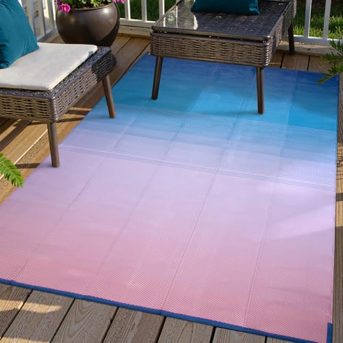 Lahome 6x9 Outdoor Rugs for Patios, Waterproof Camping Deck Rugs for Tents, Lightweight Plastic Straw Rugs for Outside Balcony Backyard Garden, Blue Pink 6'x9' - color: Blue Pink-afterglow, size: 6' x 9' (Rectangular)