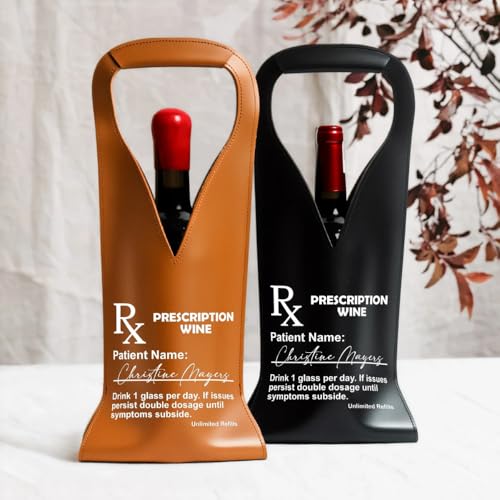 Prescription Wine Funny Drink 1 Glass Per Day - For Him, Her - Personalized Leather Wine Bag, Custom PU Leather Wine Bottle Carrier Gift for Him Her, Funny Wine Gift Idea for Parties Travel