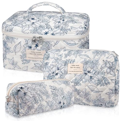 Gosect Quilted Makeup Bag Set, Large Floral Cosmetic Bag for Women, Cute Cotton Makeup Bag, Flower Travel Toiletry Organizer Bag. (Navy Blue) - color: Navy Blue