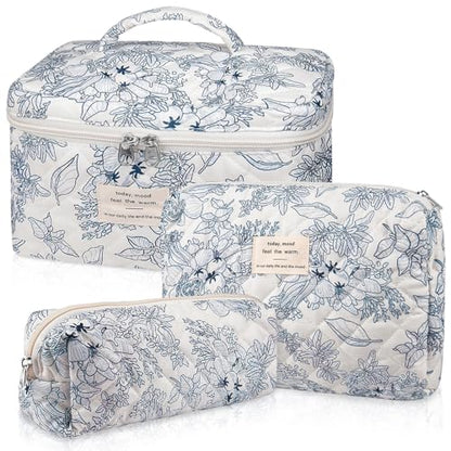 Gosect Quilted Makeup Bag Set, Large Floral Cosmetic Bag for Women, Cute Cotton Makeup Bag, Flower Travel Toiletry Organizer Bag. (Navy Blue) - color: Navy Blue