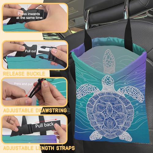 Sea Turtle Car Garbage Bag,Blue Marine Turtle Small Car Trash Bag Hanging Back of Seat,Drawstring Car Trash Bag with Adjustable Buckle,Car Accessories for Camping Travelling - color: Sea Turtle