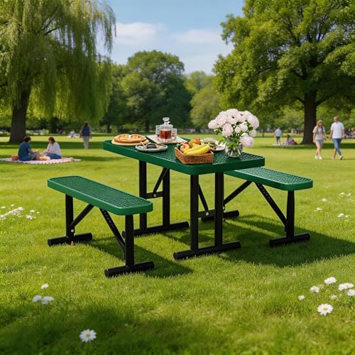 4FT Outdoor Metal Picnic Table with 2 Benches,Heavy Duty Rectangular Picnic Table Set for Outside, Waterproof Commercial Restaurant Table Furniture for Park, Campfield, Patio, Garden, Yard - color: Set B-green, size: 4FT
