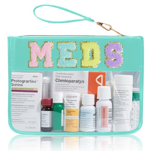 Chenille Letter Clear Zipper Pouch for Travel Preppy Patch Makeup Bag-Nylon Cosmetic Preppy Makeup Waterproof Organizer Bag Set for Women Valentines Bag (Green-Meds) - color: Green-Meds