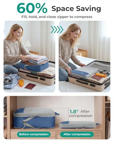 BAGSMART 6 Set /4 Set/2 Set Compression Packing Cubes for Travel, Lightweight Luggage Organizer Bags, Durable Space Saver Bags Travel Essentials - color: Déja Vu Blue, size: Set of 6