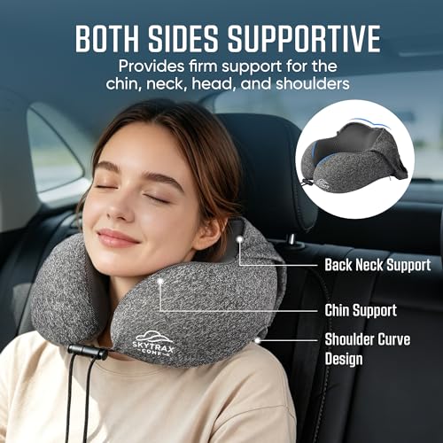 SkytraxComf® Travel Neck Pillow with Hood for Privacy on Long Flights | Memory Foam | Airplane Sleep | Safety-Tested Materials | Extra Large Hood | Chin Support | Earplugs | Washable Cover - color: Grey