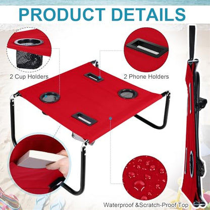 Portable Beach Table Foldable Camping Picnic Table with Cup Holder and Phone Pockets Lightweight Stable for Tailgate Travel Fishing Hiking and Outdoor Adventures(Red,Solid Pattern) - color: Red