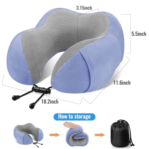 CloudBliss Travel Pillow for Airplane, Memory Foam Neck Pillow for Travel, Compact Flight Pillow with Eye Mask, Earplugs, Carry Bag, Travel Neck Pillow for Long Flight Sleep, Plane Accessories, Blue - color: Blue