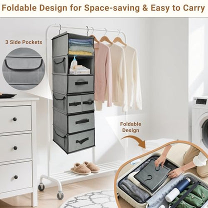 Durable 6-Tier hanging closet organizer with 5 Drawers & 3 Side Pocket,Thickened Fabric Hanging Shelves Holder with Sturdy Hook,Space-saving Storage Organization for Bedroom,Dorm,Guestroom,RV,Bathroom - style: Inseparable-6 Tier